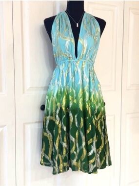 INDIA BOUTIQUE ~ Blue & Green Halter Dress w/Gold and Silver Accent Thread